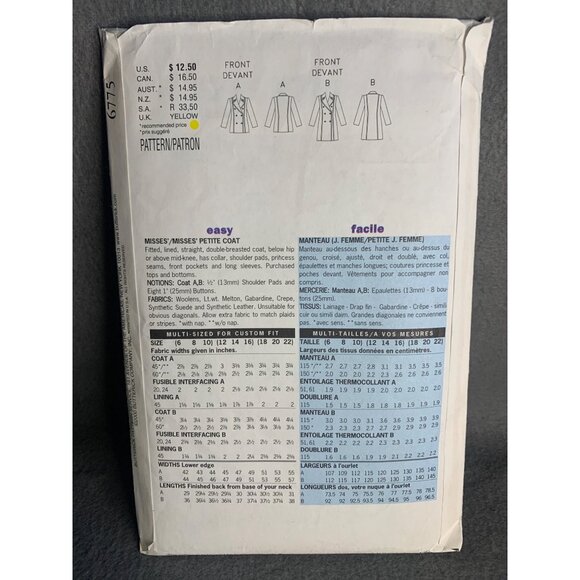 Butterick Coat Sewing Pattern Size 6 8 10 6775 - uncut - Picture 3 of 4